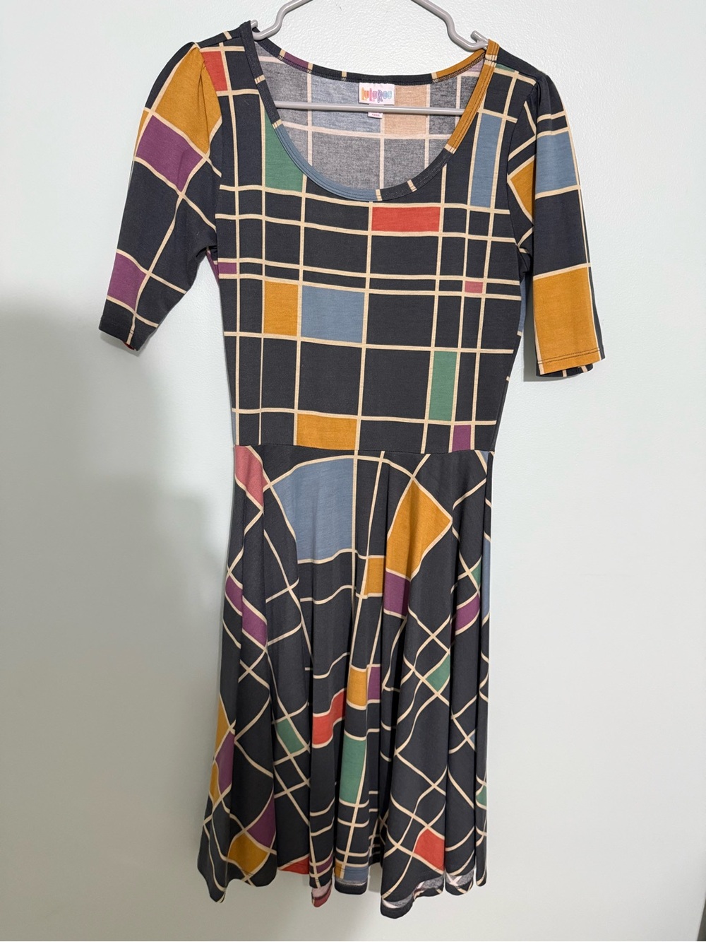 LulaRoe Multicolor Grid Fit & Flare Dress - Black Base
